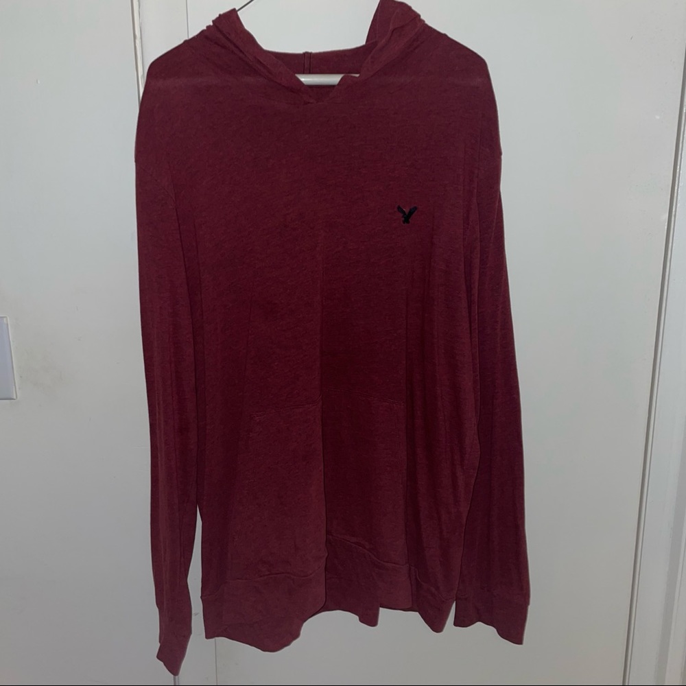 American Eagle Red/Black Hooded Long-Sleeve T-Shirt; Men’s Large